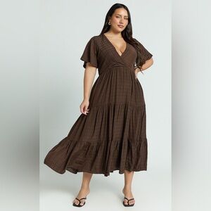 Showpo Cryzel Flutter Sleeve Tiered Midi Dress NWT 14 Chocolate